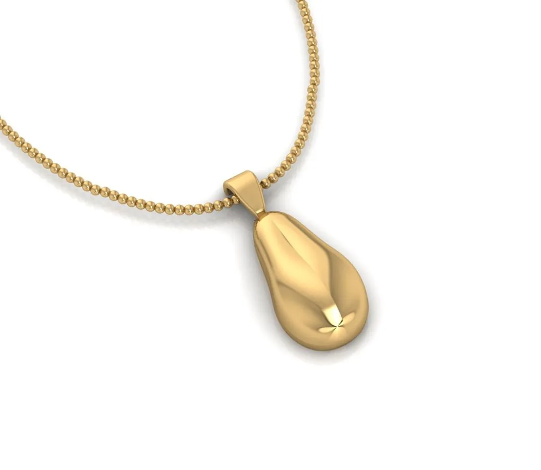 A CAD render of a gold pear pendant before casting