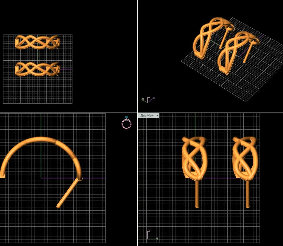 Ring designs drawn as wireframes on a CAD screen