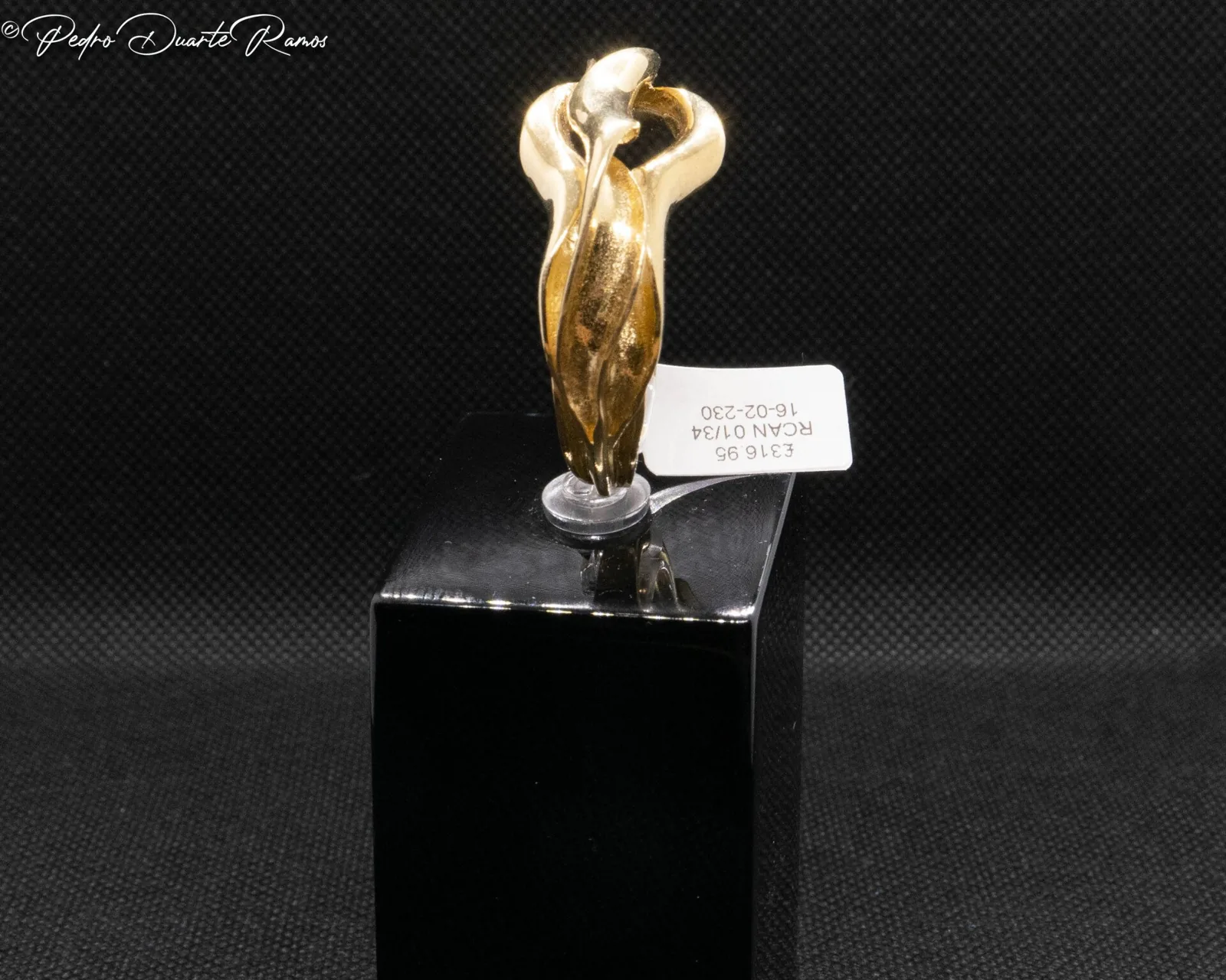 A gold pendant shaped as a standing figure, photographed on black