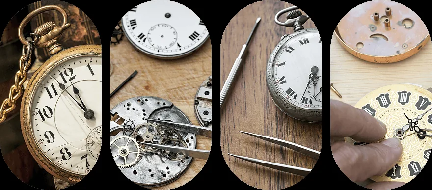 Watch movements and a pocket watch dial on the bench