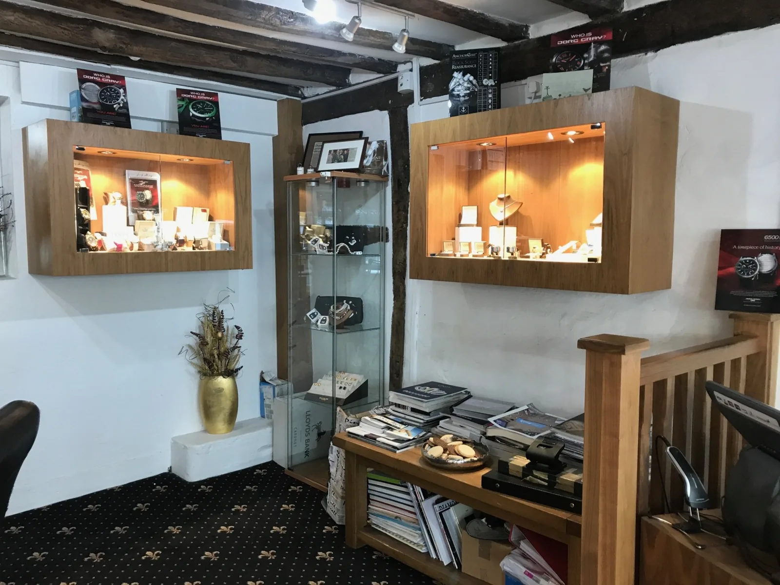 The oak cabinets and display cases inside Glow Jewellers, Dorking