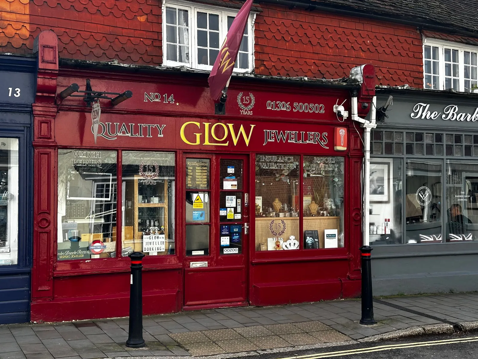 The red Glow Jewellers shopfront on 14 West Street, Dorking